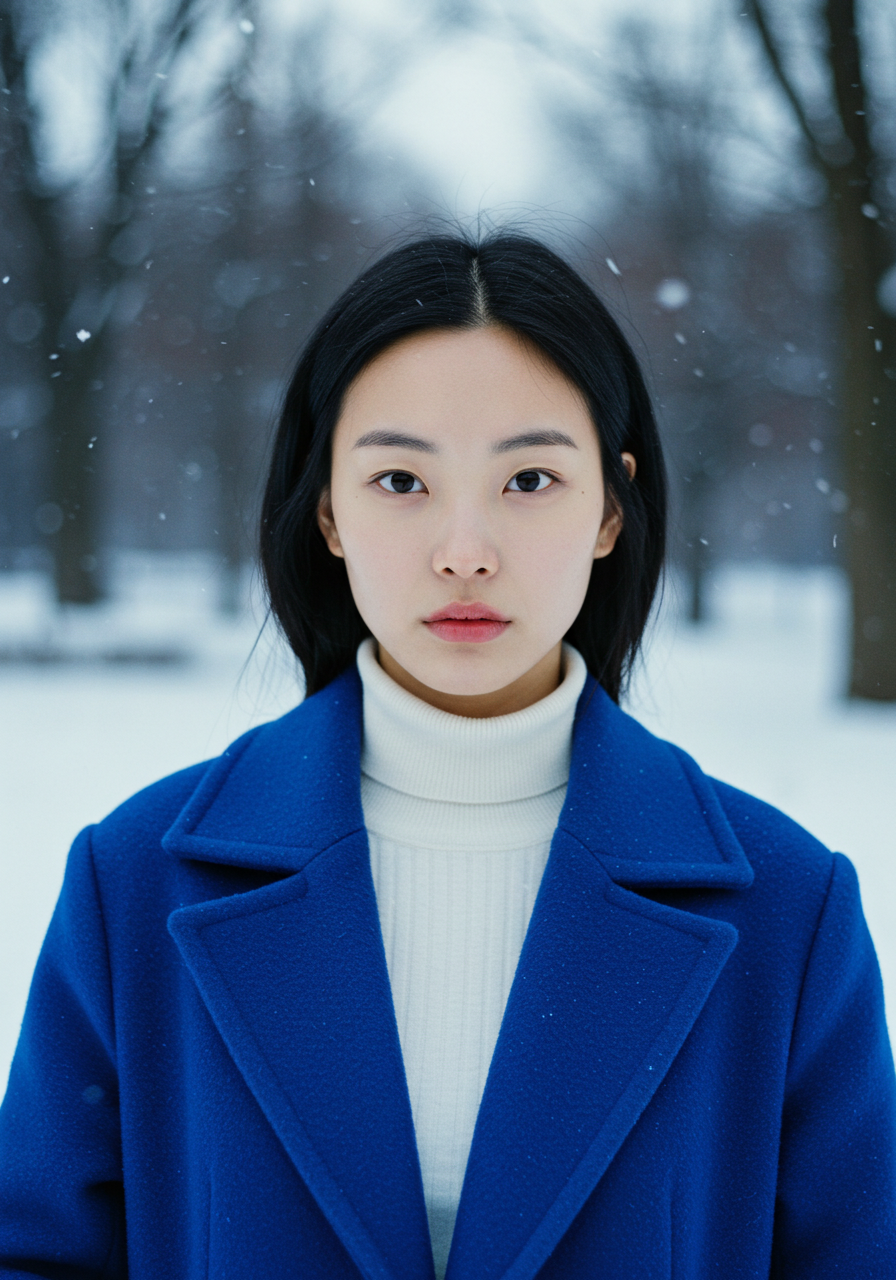 겨울 쿨톤에게 어울리는 네이비 블루, 크림슨, 퓨어 화이트, 블랙 등 차가운 언더톤 · 강한 명도 대비 · 고채도 또는 무채색 컬러 예시